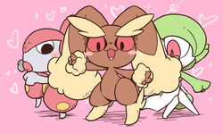  5:3 ambiguous_gender anthro blush gardevoir generation_3_pokemon generation_4_pokemon group heart_symbol lagomorph lopunny mammal medicham nettsuu nintendo nude open_mouth pink_background pokemon pokemon_(species) pokemon_mystery_dungeon pose red_eyes simple_background spike_chunsoft team_charm team_pose toony 