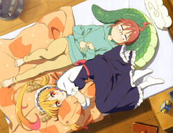  2girls absurdres alarm_clock aqua_sweater barefoot bed blanket blonde_hair blush breasts clock collarbone dragon_tail from_above glasses gloves highres hood hoodie horns hugging_object indoors kadowaki_miku kobayashi-san_chi_no_maidragon kobayashi_(maidragon) large_tail long_hair lying maid maid_headdress medium_breasts multiple_girls official_art on_back on_bed orange_eyes pants pillow pillow_hug ponytail red_hair rimless_eyewear scales shirt short_hair short_ponytail slit_pupils sweater tail tail_pillow tohru_(maidragon) white_gloves white_legwear white_shirt wooden_floor yellow_pants 