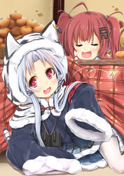  2girls :d ahoge animal_ears artist_name azur_lane basket binoculars blue_jacket blue_skirt blush capelet chang_chun_(azur_lane) closed_eyes commentary_request food fruit fu_shun_(azur_lane) fur-trimmed_skirt fur-trimmed_sleeves fur_trim grey_hair hair_ornament highres hood hooded_capelet jacket kotatsu long_hair long_sleeves looking_at_viewer mandarin_orange maru_shion multiple_girls oerba_yun_fang on_floor open_mouth pantyhose red_eyes sidelocks skirt sleeves_past_fingers sleeves_past_wrists smile star_(symbol) table tail thighhighs tiger_ears tiger_stripes tiger_tail twintails under_kotatsu under_the_table very_long_hair white_thighhighs wide_sleeves 