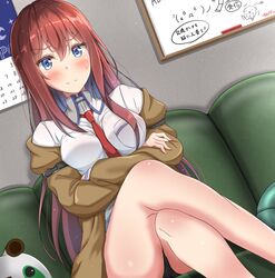  bare_legs blue_eyes blush breasts calendar_(object) closed_mouth collared_shirt commentary_request couch crossed_arms crossed_legs dutch_angle feet_out_of_frame female jacket long_hair long_sleeves makise_kurisu medium_breasts metal_upa necktie no_legwear off_shoulder red_hair red_necktie shiny_skin shirt shorts sitting solo steins;gate straight_hair sunsun2812 sweatdrop translated whiteboard 