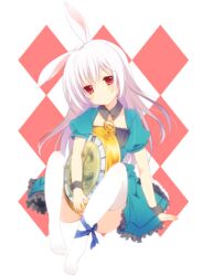  animal_ears ankle_ribbon blush commentary_request dress female gatakenjin highres leg_ribbon long_hair original oversized_object pocket_watch rabbit_ears red_eyes ribbon sitting solo thighhighs watch white_hair wrist_cuffs 