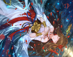  absurdres braid brown_hair closed_eyes closed_mouth commentary_request dungeon_and_fighter facing_viewer female female_priest_(dungeon_and_fighter) flower hair_flower hair_ornament hair_stick hands_up highres initial jb_(luna9953) long_hair lying on_back petals photoshop_(medium) shaman shaman_(dungeon_and_fighter) solo 