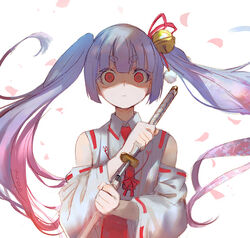  artist_name bare_shoulders bell blind busou_shoujo_machiavellism commentary_request detached_sleeves female hair_bell hair_ornament holding holding_weapon inaba_tsukuyo japanese_clothes katana looking_at_viewer miko petals photoshop_(medium) pom_pom_(clothes) qosic red_eyes ribbon sheath silver_hair solo sword twintails unusually_open_eyes weapon white_background wide_sleeves 