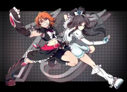  2girls anniversary ayatori_(sensei_heroism) belt bike_shorts black_eyes black_gloves black_hair black_shorts black_skirt boots bow brown_eyes brown_hair clenched_hand clenched_teeth closed_mouth commentary_request cure_black cure_white dress earrings fighting_stance fingerless_gloves frills futari_wa_precure gloves hair_between_eyes half_updo heart heart_earrings jewelry knee_boots leg_warmers letterboxed long_hair looking_at_viewer magical_girl midriff misumi_nagisa multiple_girls navel precure serious short_hair shorts shorts_under_skirt skirt standing standing_on_one_leg teeth white_bow white_dress white_footwear white_gloves yukishiro_honoka 