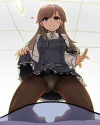  arashio_(kancolle) assertive_female black_pantyhose brown_eyes commentary_request crime_prevention_buzzer crime_prevention_buzzer_threat dress female frilled_dress frills from_below heart highres kantai_collection long_hair long_sleeves looking_at_viewer looking_down panties panties_under_pantyhose pantyhose pinafore_dress remodel_(kantai_collection) ryuuri_(aoithigo) shirt short_sleeves sleeveless sleeveless_dress smile solo straddling strap thighs underwear white_panties white_shirt yellow_eyes 