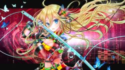  bad_id bad_pixiv_id blonde_hair blue_eyes breasts bug butterfly commentary_request digital_rain elbow_gloves female flower gloves hair_flower hair_ornament highres lily_(vocaloid) long_hair looking_at_viewer medium_breasts sakura_moyon solo sword vocaloid weapon 