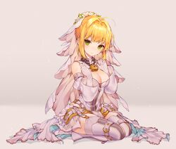  absurdres ahoge bad_id bad_twitter_id belt blonde_hair blush breasts bridal_veil burnt_clothes cleavage closed_mouth elbow_gloves expressionless fate/extra fate/extra_ccc fate/grand_order fate_(series) female gloves gradient_background green_eyes ha_youn hair_intakes highres lock looking_at_viewer medium_breasts nero_claudius_(bride)_(fate) nero_claudius_(bride)_(second_ascension)_(fate) nero_claudius_(fate) seiza short_hair sitting skirt solo veil white_gloves white_skirt zipper zipper_pull_tab 