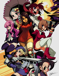  6+girls aika_(series) aika_r-16 alex_ahad beret black_hair blazblue blonde_hair blue_dragon blue_eyes boots brown_eyes brown_footwear brown_hair commentary commission cristina_valenzuela crossover dark-skinned_female dark_skin dress drill_hair dual_wielding english_commentary explosion eyepatch gloves green_eyes green_hair grey_hair gun hair_ornament handgun hat high_heel_boots high_heels holding kanaria kluke long_hair long_sleeves looking_at_viewer looking_down louise_francoise_le_blanc_de_la_valliere lyrical_nanoha magical_girl mahou_shoujo_lyrical_nanoha multiple_girls noel_vermillion nu-13 open_mouth parted_lips photoshop_(medium) pink_eyes pink_hair ponytail red_dress red_eyes rozen_maiden shirt shoes short_hair signature sitting smile sumeragi_aika sweater takamachi_nanoha thighhighs trigger_discipline twin_drills twintails umbrella voice_actor_connection wariza weapon white_legwear white_shirt zero_no_tsukaima zettai_ryouiki 