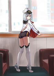  absurdres ass azur_lane blue_eyes boots breasts capelet carpet chair chinese_commentary closed_mouth commentary earrings female from_behind fur_trim gloves grey_hair hair_between_eyes hat highres jewelry large_breasts long_sleeves looking_at_viewer military military_uniform peaked_cap short_hair skirt solo the_hermit thighhighs tirpitz_(azur_lane) uniform white_footwear white_gloves window windowsill wooden_wall 