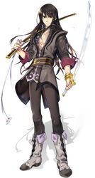  1boy bad_id bad_pixiv_id belt black_eyes black_hair boots bracelet full_body grey_footwear highres jacket jewelry knee_boots long_hair male_focus meer_rowe over_shoulder pants photoshop_(medium) scabbard shadow sheath smile solo standing sword tales_of_(series) tales_of_vesperia weapon white_background yuri_lowell 