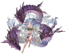  bare_shoulders barefoot blue_hair breasts cleavage collarbone dragon female full_body granblue_fantasy long_hair looking_at_viewer looking_away medium_breasts midriff minaba_hideo navel official_art open_mouth outstretched_hand pointy_ears purple_eyes serious shorts strapless tiamat_(granblue_fantasy) transparent_background tube_top 