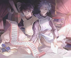  2boys bad_id bad_pixiv_id black_hair blue_eyes blue_hair book commentary_request curtains fugen_shinjin hair_between_eyes holding holding_scroll houshin_engi kuromamechabita male_focus multiple_boys on_ground open_mouth paper scroll short_hair sitting smile studying taikoubou 