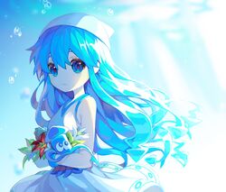  bad_id bad_twitter_id blue_eyes blue_hair blue_theme bracelet breasts bubble closed_mouth dress expressionless female flower ha_youn hat heart heart-shaped_pupils highres ikamusume jewelry looking_at_viewer shinryaku!_ikamusume sleeveless sleeveless_dress small_breasts solo squid squid_hat symbol-shaped_pupils tentacle_hair white_dress white_hat 