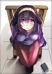  black_hair blue_eyes blush book chair commentary_request female gaichi hairband idolmaster idolmaster_cinderella_girls long_hair long_sleeves sagisawa_fumika shawl sitting smile solo 