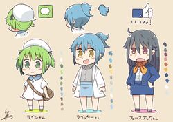  3girls :d ahoge bag black_hair blue_hair brown_eyes color_guide commentary facebook facebook-san facebook_like facebook_logo formal green_eyes green_hair hand_on_own_hip hat jitome lab_coat line-san line_(naver) logo multiple_girls neckerchief open_mouth personification ponytail shoulder_bag signature skirt smile suit translated tsukigi twitter twitter-san twitter-san_(character) twitter_logo two_side_up yellow_eyes 