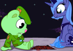  alicorn anthro asdfmovie bear beret blue_body blue_eyes blue_hair blue_skin checkers clothing collar crossover cutie_mark dog_tags duo equid equine eyelashes female feral flippy_(htf) friendship_is_magic green_body green_skin hair happy_tree_friends hasbro hat headgear headwear horn male mammal moon my_little_pony mythological_creature mythological_equine mythology night outside pink_nose princess_luna_(mlp) pupster0071 sitting smile star uniform wings 