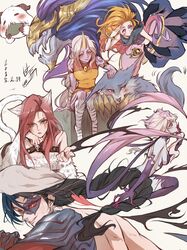  1boy 4girls absurdres animal_ears armlet armor aurelion_sol_(league_of_legends) bare_shoulders bebseo black_hair black_sclera blue_eyes blue_skin bracelet braid breasts bug butterfly cat_ears claws colored_sclera colored_skin commentary_request dated evelynn_(league_of_legends) facial_mark green_eyes highres horns jewelry katarina_(league_of_legends) kayn_(league_of_legends) league_of_legends long_hair looking_at_another looking_at_viewer medium_breasts multiple_girls oerba_yun_fang open_mouth orange_hair pointy_ears poro_(league_of_legends) purple_eyes purple_skin red_eyes red_hair sideboob single_horn sitting smile soraka_(league_of_legends) standing tattoo warwick whisker_markings white_hair yellow_eyes zoe_(league_of_legends) 