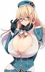  atago_(kancolle) beret bespectacled black_gloves blonde_hair blush bow bowtie breasts button_gap buttons commentary_request covered_nipples dress eyebrows female finger_to_eyewear frills fur_collar fur_trim glasses gloves green_eyes green_hat green_skirt hair_between_eyes hat highres huge_breasts kantai_collection kloah long_hair long_sleeves looking_at_viewer military military_uniform open_clothes open_shirt partially_unbuttoned red-framed_eyewear rimless_eyewear shirt showgirl_skirt skirt skirt_set solo taut_clothes taut_shirt uniform upper_body white_bow white_shirt 