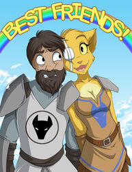  2013 anthro armor beard breasts brown_hair cleavage clothed clothing colored conditional_dnp duo english_text eye_patch eyewear facial_hair felid female fur gaius_(prequel) guard hair human katia_managan khajiit kvatch male mammal microsoft open_mouth pink_nose prequel_adventure rainbow rainbow_arch text the_elder_scrolls tom_fischbach yellow_body yellow_fur 