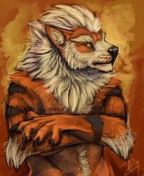  2014 abstract_background anthro arcanine avoid_posting canid canine crossed_arms digital_media_(artwork) digital_painting_(artwork) explicital generation_1_pokemon half-length_portrait male mammal nintendo nude pokemon pokemon_(species) portrait simple_background solo standing yellow_eyes 