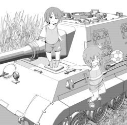  &gt;_&lt; 2girls :d aged_down ball caterpillar_tracks closed_eyes commentary_request girls_und_panzer grass greyscale henyaan_(oreizm) jagdtiger jumping looking_at_viewer military military_vehicle monochrome motor_vehicle multiple_girls nishizumi_maho nishizumi_miho open_mouth shoes short_hair shorts siblings sisters smile soccer_ball socks standing tank tank_top 