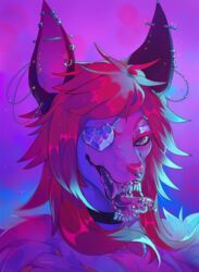  2017 bat bow_(feature) bow_tie ear_piercing eye_patch eyebrow_piercing eyeshadow eyewear facial_piercing fangs female fur hair hi_res irdeorum looking_at_viewer makeup mammal nose_piercing nyxis piercing pink_body pink_fur purple_eyes red_hair solo teeth tongue tongue_out 