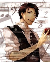  1boy alcohol bad_id bad_pixiv_id bass_clef beamed_eighth_notes beamed_sixteenth_notes black_bow black_bowtie bow bowtie brown_hair cigarette cup drinking_glass katsuragi_jun&#039;ichi male_focus mikann0206 musical_note quarter_note sakamichi_no_apollon sixteenth_rest smoking solo standing traditional_bowtie treble_clef undone_bowtie upper_body vest wine wine_glass 