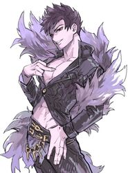  1boy belial_(granblue_fantasy) belt black_pants black_shirt commentary_request cowboy_shot feather_boa granblue_fantasy hand_on_own_hip male_focus manly middle_finger midriff pants parted_lips pectoral_cleavage pectorals pointing pointing_at_self red_eyes ritsuko_(rittii) shirt simple_background smile solo toned toned_male white_background 