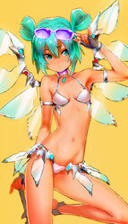  alternate_hair_length alternate_hairstyle aqua_eyes aqua_hair bikini black_gloves body_writing commentary_request dark_skin double_bun eyewear_on_head female fingerless_gloves full_body gloves hair_bun hatsune_miku headset heart_hair_bun high_heels looking_at_viewer mamama mechanical_wings nail_polish navel no_socks open_mouth placard race_queen racing_miku racing_miku_(2013) racing_miku_(2013_sepang_ver.) sharp_sign short_hair sign smile solo stomach sun_tattoo sunglasses swimsuit tan tanlines transparent transparent_wings vocaloid white_bikini wings 