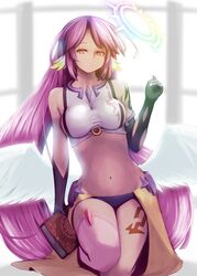  angel angel_wings animal_ears asymmetrical_legwear bird_ears book breasts commentary_request crop_top feathered_wings female gloves halo highres holding holding_book jibril_(no_game_no_life) large_breasts long_hair looking_at_viewer low_wings magic_circle mibushido_(milking) midriff mismatched_legwear multicolored_eyes navel no_game_no_life orange_eyes pink_hair sideboob solo spiked_halo tattoo very_long_hair white_wings wing_ears wings yellow_eyes 