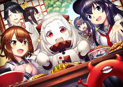  6+girls :d ^_^ abyssal_ship admiral_(kancolle) akagi_(kancolle) akatsuki_(kancolle) apron black_hair black_hat black_sailor_collar brown_eyes brown_hair chicken_(food) chopsticks closed_eyes colored_skin commentary_request drooling enemy_lifebuoy_(kancolle) flat_cap food fried_chicken hair_between_eyes hair_ornament hairclip hat holding horns houshou_(kancolle) ikazuchi_(kancolle) kantai_collection kappougi long_hair long_sleeves mini_flag multiple_girls neckerchief northern_ocean_princess oerba_yun_fang okosama_lunch omelet omurice open_mouth ponytail purple_eyes purple_hair red_eyes red_neckerchief sailor_collar school_uniform sendai_(kancolle) serafuku short_hair shrimp shrimp_tempura smile sparkle t-head_admiral tempura unowen white_hair white_skin 