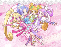  4girls :d aida_mana blonde_hair blue_bow blue_eyes blue_hair boots bow brooch choker commentary_request cure_diamond cure_heart cure_rosetta cure_sword dokidoki!_precure eyelashes green_choker hair_ornament heart heart_brooch heart_hair_ornament high_ponytail hishikawa_rikka jewelry kenzaki_makoto leaf multiple_girls open_mouth orange_eyes orange_hair outstretched_arm outstretched_arms pink_arm_warmers pink_bow pink_eyes pink_footwear pink_sleeves ponytail pose precure purple_arm_warmers purple_choker purple_eyes purple_footwear purple_hair purple_skirt skirt smile spade_(shape) spade_hair_ornament spread_arms standing tama_(miloque) twintails waist_bow yotsuba_alice 