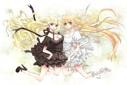  2girls blonde_hair blue_eyes breasts cleavage dress green_eyes highres long_hair mizuiro_tomato multiple_girls original 