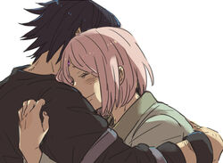  1boy black_hair closed_eyes commentary_request couple emu_(losspass) female hug naruto naruto_(series) pink_hair sakura_haruno short_hair straight uchiha_sasuke 