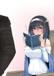  1boy black_hair blue_eyes blush book breasts chair commentary_request female formal gaichi hairband holding holding_book idolmaster idolmaster_cinderella_girls large_breasts long_hair off-shoulder_sweater off_shoulder ribbed_sweater sagisawa_fumika shawl sitting solo_focus suit sweater 