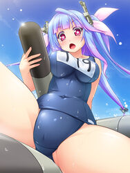  blue_hair breasts commentary_request female halhal highres i-19_(kancolle) kantai_collection large_breasts one-piece_swimsuit open_mouth photoshop_(medium) purple_eyes school_swimsuit spread_legs star-shaped_pupils star_(symbol) swimsuit symbol-shaped_pupils torpedo 