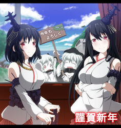  4girls :d ^_^ abyssal_ship black_hair breasts cleavage closed_eyes colored_skin commentary_request detached_sleeves fusou_(kancolle) hair_ornament horns kantai_collection large_breasts long_hair looking_at_viewer mittens multiple_girls new_year nontraditional_miko northern_ocean_princess open_mouth pale_skin re-class_battleship red_eyes scarf short_hair smile translated white_hair white_skin wide_sleeves wrwr yamashiro_(kancolle) 