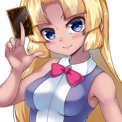  angela_carat artist_request bare_shoulders blonde_hair blue_eyes blush breasts cleavage dark_skin female female long_hair looking_at_viewer medium_breasts shiny shiny_skin smile solo tag_force upper_body yu-gi-oh! yuu-gi-ou_tag_force 