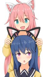  2girls :d alternate_hairstyle animal_ears blue_eyes blue_hair blush cardigan cat_day chestnut_mouth commentary_request fake_animal_ears hair_between_eyes hair_down kagamihara_nadeshiko linfa_(futari_midara) long_hair motosu_school_uniform multiple_girls open_mouth pink_hair purple_eyes putting_on_headwear school_uniform shima_rin smile very_long_hair yurucamp 