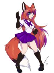  animal_humanoid apes avoid_posting big_eyes blue_eyes canid canid_humanoid canine canine_humanoid clothed clothing female fox fox_humanoid hair hi_res humanoid long_hair looking_at_viewer mammal mammal_humanoid school_uniform smile solo standing teeth uniform 