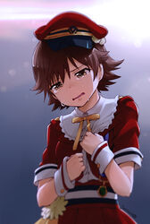  blush brown_eyes brown_hair commentary_request crying crying_with_eyes_open dated dekitate_evo!_revo!_generation!_(idolmaster) female hat honda_mio idolmaster idolmaster_cinderella_girls looking_down nagian open_mouth peaked_cap short_hair skirt solo tears wavy_mouth wrist_cuffs 