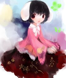  animal_ears bad_id bad_pixiv_id black_hair cosplay dress faux_traditional_media female houraisan_kaguya houraisan_kaguya_(cosplay) inaba_tewi japanese_clothes long_sleeves looking_at_viewer maccha_cocoa_(mococo) multicolored_background open_mouth rabbit_ears red_eyes short_hair solo touhou wide_sleeves 