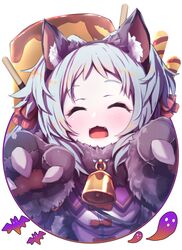  :d ^_^ absurdres animal_ear_fluff animal_ears animal_hands bad_id bad_twitter_id bat_(animal) bell black_hairband blue_hair blush bow closed_eyes collared_shirt commentary_request facing_viewer fake_animal_ears fangs female food fur-trimmed_gloves fur_collar fur_trim ghost gloves hairband hairbow head_tilt highres long_hair miyako_(halloween)_(princess_connect!) miyako_(princess_connect!) open_mouth paw_gloves pocky princess_connect! pudding red_bow shirt smile solo striped striped_bow wada_kazu wafer_stick white_background white_shirt wolf_ears wolf_paws 