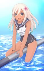  blue_eyes commentary_request crop_top female flower hair_flower hair_ornament kantai_collection lifebuoy long_hair rasielcochma ro-500_(kancolle) sailor_collar school_swimsuit sitting soaking_feet swim_ring swimsuit swimsuit_under_clothes tan tanlines water 