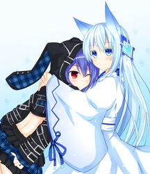  2girls ;( animal_ears animal_hood back belt black_skirt blue_background blue_eyes blue_hair blush closed_mouth colored_eyelashes commentary_request crop_top effole_(fairy_fencer_f) fairy_fencer_f fox_ears from_side fuji_kakei gradient_background hood hood_up hoodie hug japanese_clothes karin_(fairy_fencer_f) kimono layered_skirt leaning_forward long_hair long_sleeves looking_at_viewer looking_to_the_side miko multiple_girls obi one_eye_closed own_hands_together petite plaid plaid_skirt rabbit_ears rabbit_hood red_eyes ribbon-trimmed_sleeves ribbon_trim sash short_hair skirt sleeves_past_wrists smile straight_hair upper_body white_kimono wide_sleeves 