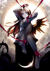  arm_up black_pantyhose black_shirt black_skirt black_wings blue_eyes brown_hair commentary_request female full_body highres long_hair looking_at_viewer original pantyhose photoshop_(medium) red_ribbon ribbon shirt single_wing skirt solo takagi_masafumi wings 