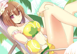  bad_id bad_pixiv_id ball bandeau breasts brown_hair cccpo chair female flower hair_flower hair_ornament large_breasts long_legs meni_mani palm_tree purple_eyes short_hair sitting solo swimsuit takamiya_nasuno teekyuu tennis_ball tree 