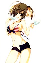  :d absurdres american_flag american_flag_bikini american_flag_print bikini bikini_top_only black_shorts breasts brown_hair cleavage ebiten_(manga) female flag_print food highres inugami_kira large_breasts looking_at_viewer navel no_shirt open_fly open_mouth popsicle print_bikini red_eyes short_hair short_shorts shorts smile solo swimsuit todayama_kyouko 