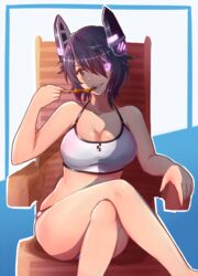  armrest bikini breasts brown_eyes chair cleavage commentary crossed_legs eating edwin_(cyberdark_impacts) english_commentary eyepatch female food glowing hair_over_one_eye headgear highres kantai_collection large_breasts looking_at_viewer machinery official_alternate_costume parted_lips purple_hair revision short_hair sitting smile solo swimsuit teeth tenryuu_(kancolle) tenryuu_(swimsuit_mode)_(kancolle) white_bikini 