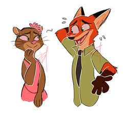  2017 anthro blush bodily_fluids canid canine clothed clothing disney duo female fox fur kris_(zootopia) looneyfrechie male mammal mustelid necktie nick_wilde open_mouth open_smile otter red_fox simple_background smile sweat sweatdrop true_fox white_background zootopia 